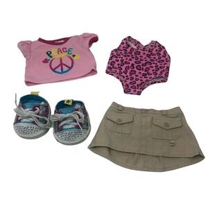 Build A Bear Rainbow Peace Sign Bathing Swimsuit Skirt & Top BABW Skechers 4-pc